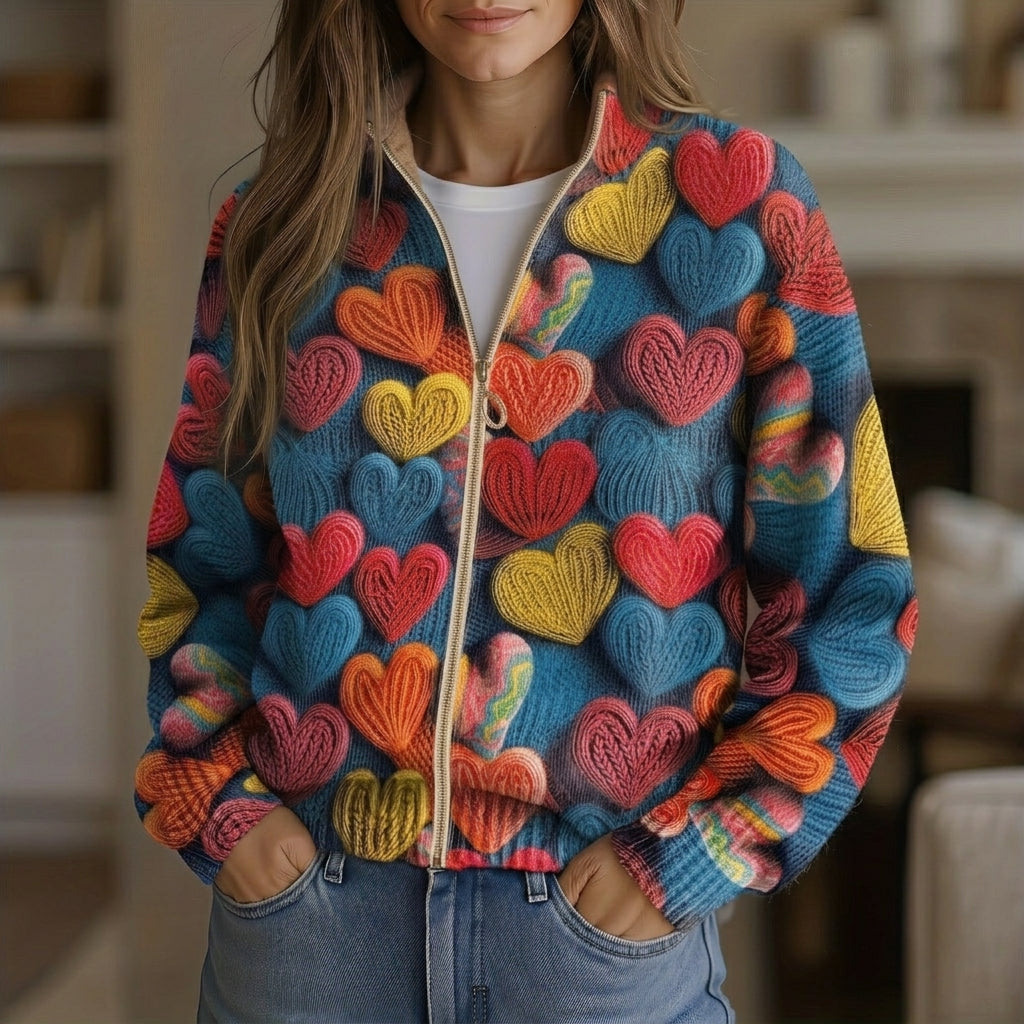 Madeline - Multicolour Hearts Textured Knit Zip Cardigan - Product Photo