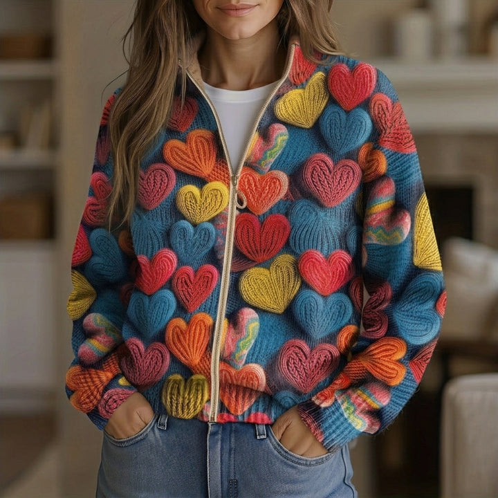 Madeline - Multicolour Hearts Textured Knit Zip Cardigan - Product Photo
