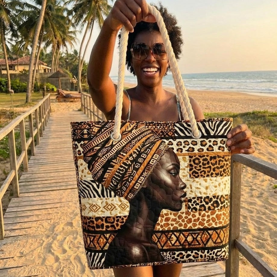 Handmade quilted beach bag - Melanin Queen design