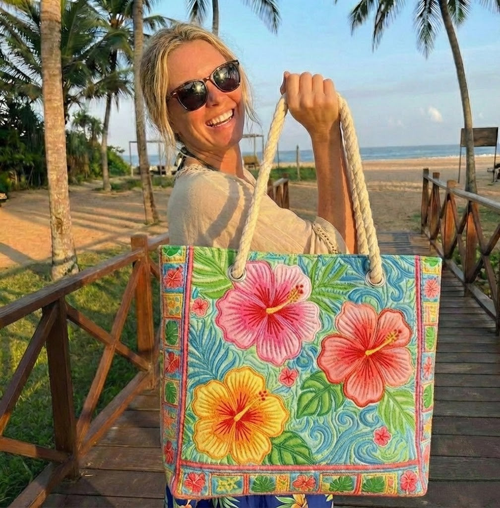 Handmade quilted beach bag - Tropical Flower design