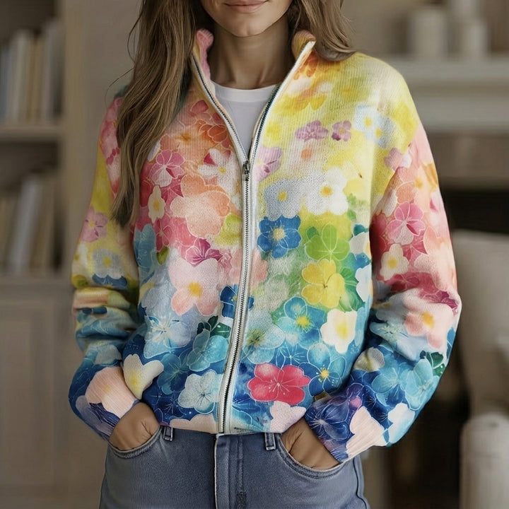 Natalie - Watercolour Floral Ombre Zip Cardigan - Product Photo